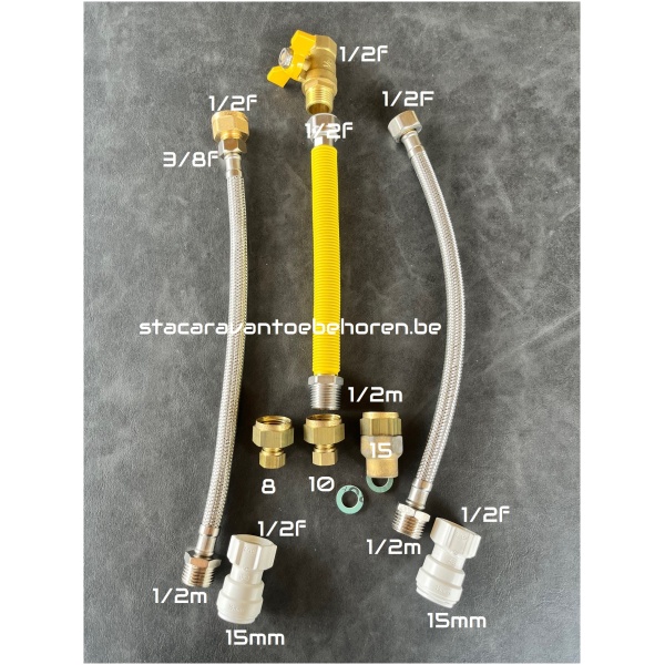 Aansluitset voor gasgeiser - stacaravan - camping - camper - boot - warmwater toestel